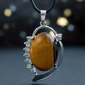 Tiger Eye Natural Stone Pendant Vintage Oval Shape with Sparkling Stones